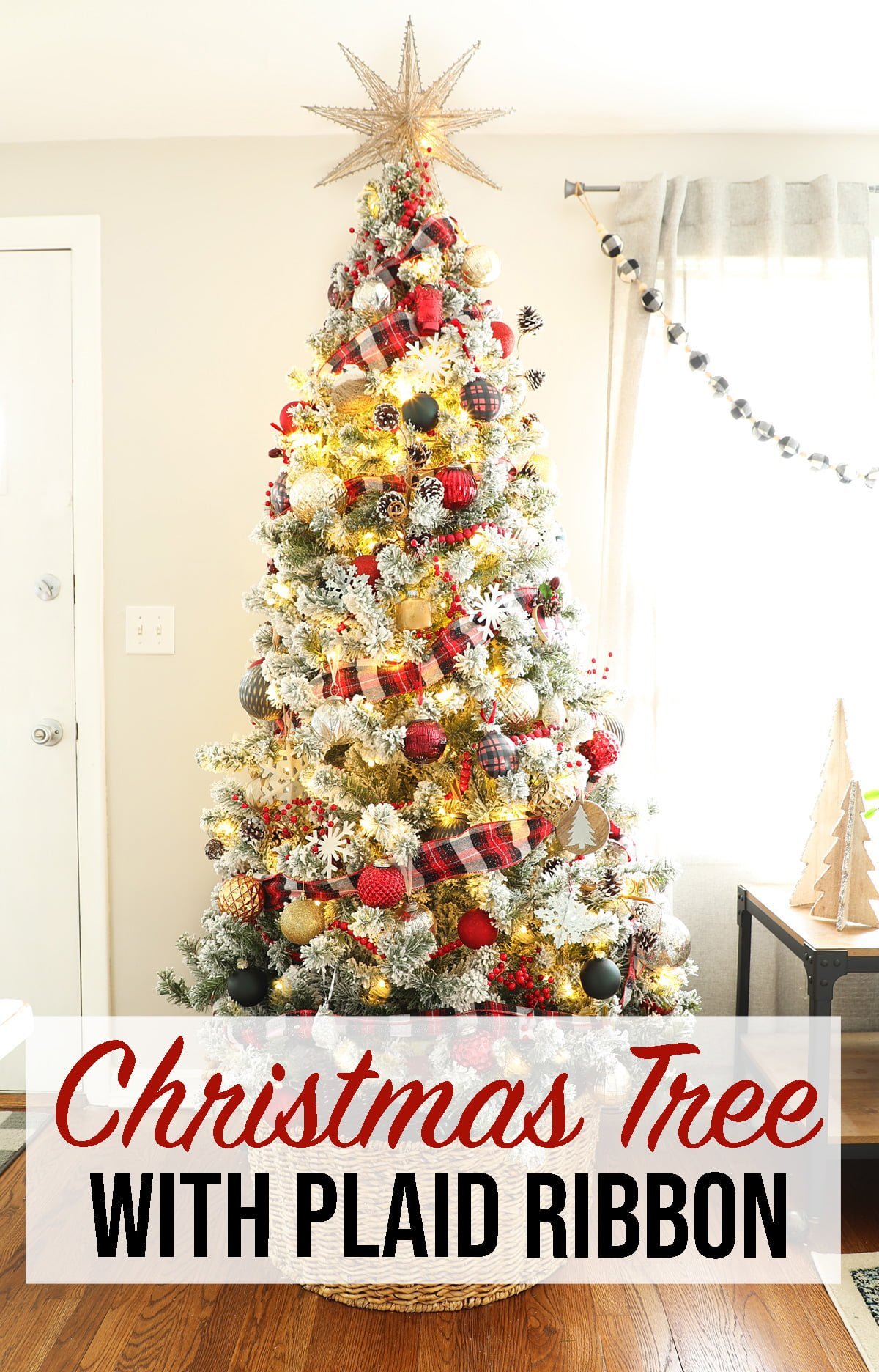 A Flocked Christmas Tree with Plaid Ribbon Weekend Craft