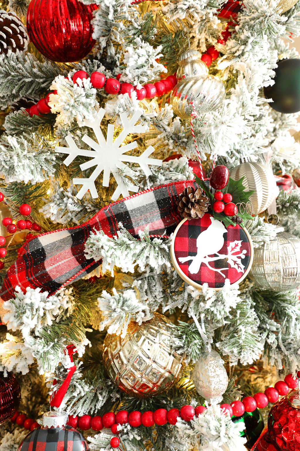 A Flocked Christmas Tree with Plaid Ribbon - Weekend Craft