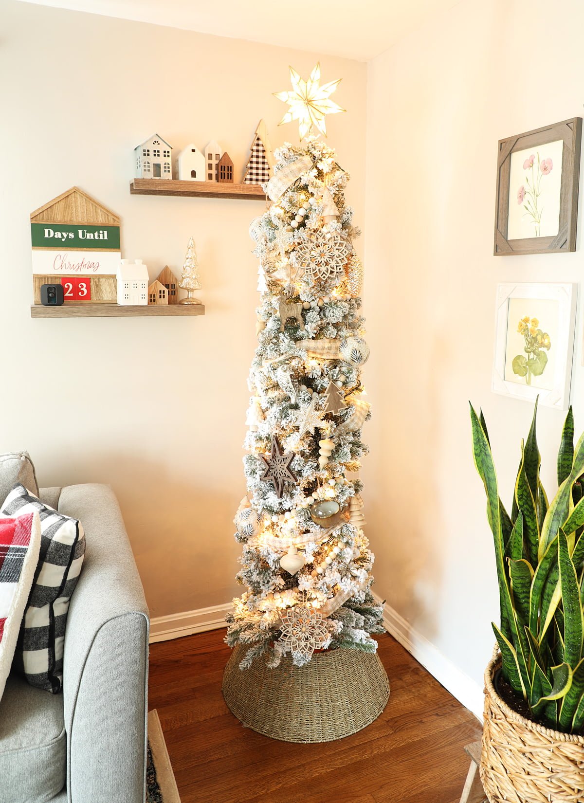 Flocked Pencil Tree with Wooden Ornaments