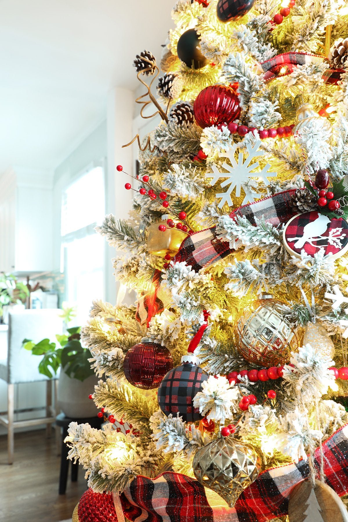 Flocked Christmas Tree with Plaid Ribbon