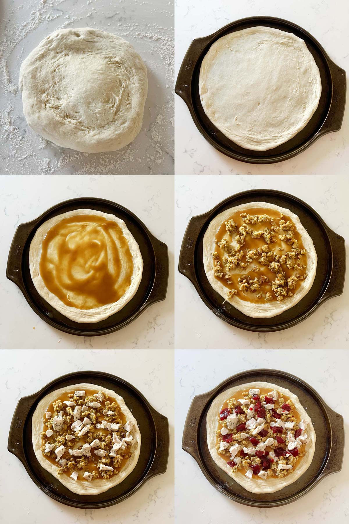 Photo collage of the process of how to make thanksgiving pizza.