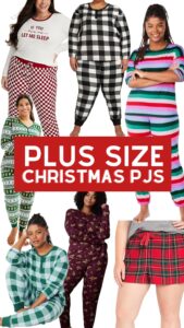 collage of plus size Christmas pajamas.
