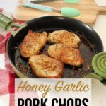 Honey Garlic Pork Chops resting in a frying pan on the kitchen counter.