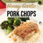 Honey Garlic Pork Chops over a bed of rice with air fryer broccoli centered on a white plate with additional pork chops resting in a frying pan in the background.
