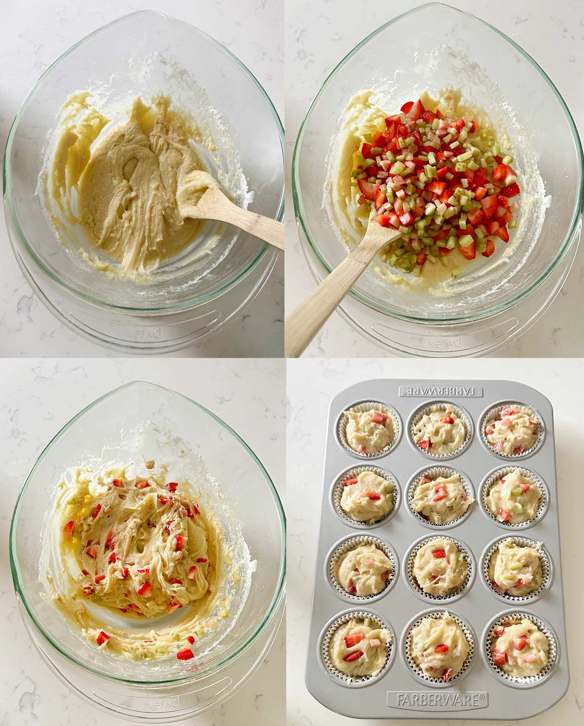 Collage of process photos making a muffin batter glass bowl filled with batter and mixed with strawberries and rhubarb and a muffin tin filled with muffin liners and batter.