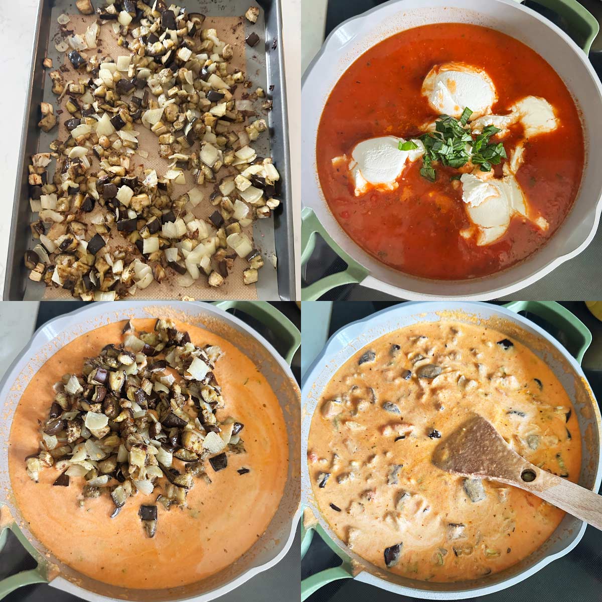 4 process photos of eggplant roasting and 3 stages of making a tomato sauce with ricotta, basil and roasted eggplant. 