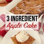 Freshly baked apple cake in a white baking dish atop the kitchen counter, on a red towel with one slice of apple cake on a white plate in the foreground with whipped cream on top.