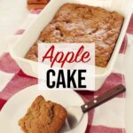 Freshly baked apple cake in a white baking dish atop the kitchen counter, on a red towel with one slice of apple cake on a white plate in the foreground.