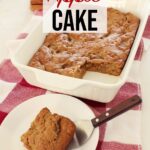 Freshly baked apple cake in a white baking dish atop the kitchen counter, on a red towel with one slice of apple cake on a white plate in the foreground.