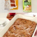 A photo collage with a photo on top of the ingredients you need to make apple cake, and below a photo on finished apple cake in the baking pan on top of a red towel.