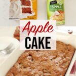 A photo collage with a photo on top of the ingredients you need to make apple cake, and below a photo on finished apple cake in the baking pan on top of a red towel.
