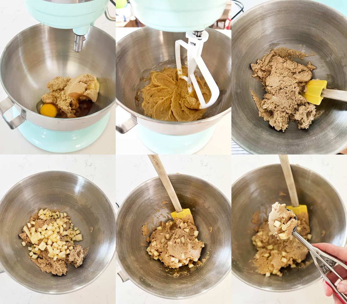 showing the process of making apple cookies with 6 photos a mixing bowls from apple cookie ingredients to scooping cookie dough.
