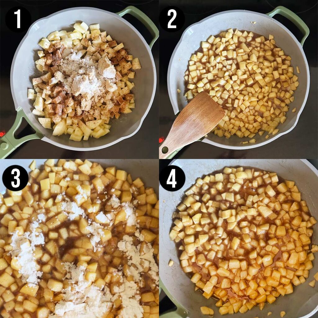 Collage of step by step photos showing the process of how to make apple pie filling on a stove in a green pan.
