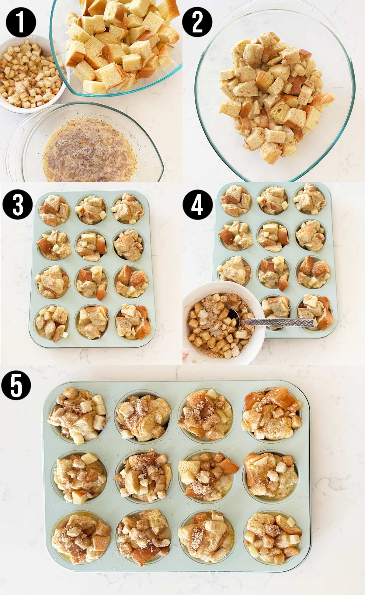 Step by step photos on a kitchen counter of how to make apple french toast muffins.
