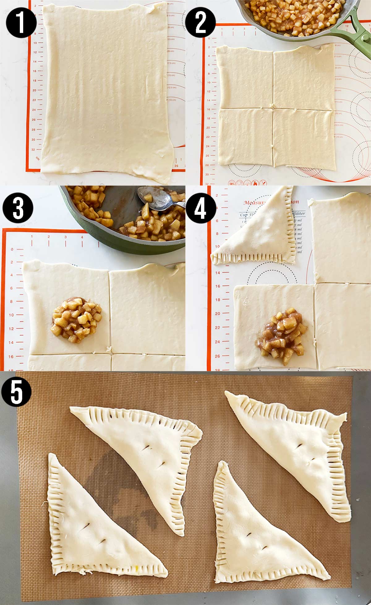 Step by step photos on how to make apple turnovers on a kitchen counter. 