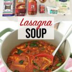 Lasagna Soup in green pot resting on wooden board and red towel on top of kitchen counter with red ladle and ingredients.