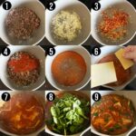 collage of 9 cooking images show a pot on a stove showing how to make lasagna soup.