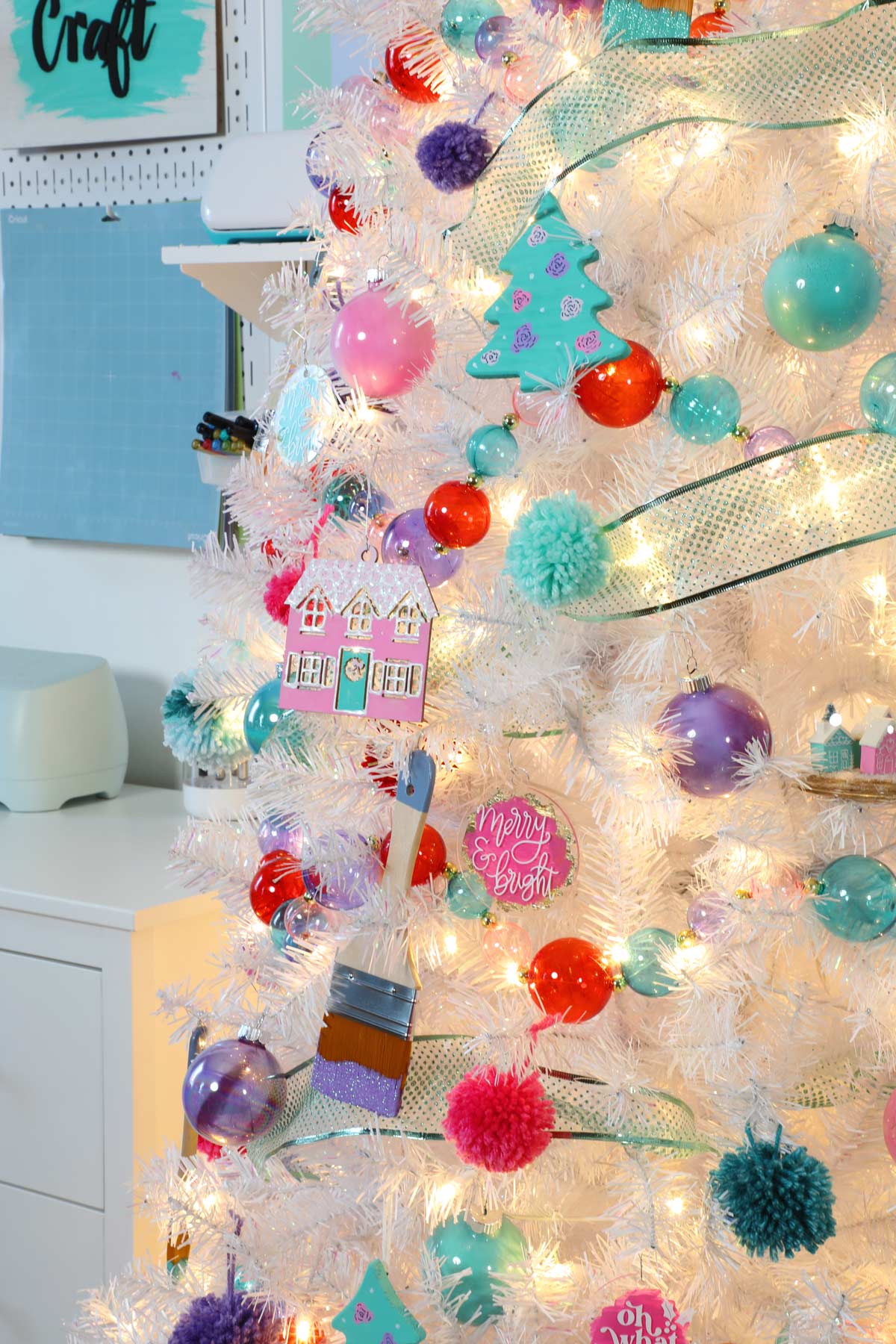 Colorful ornaments on a white Christmas Tree. 