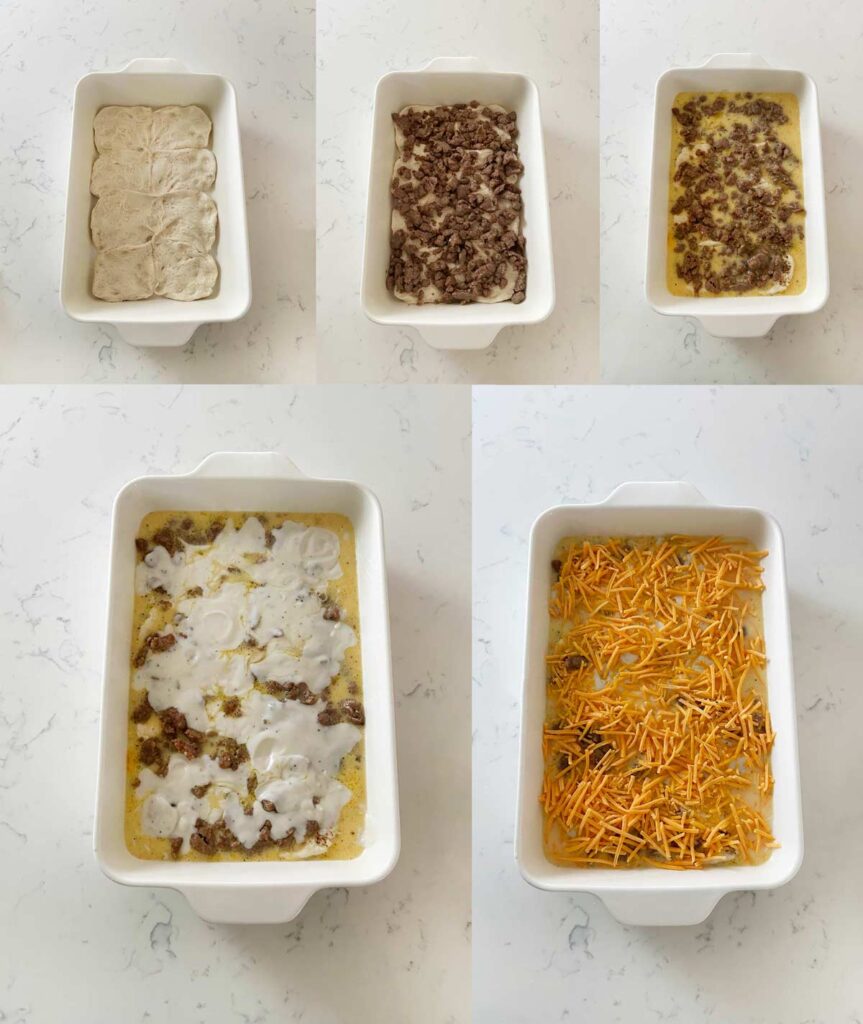 Five images of how to make biscuit and gravy casserole. 