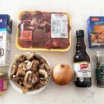 A photo collage with the ingredients to make crock pot beef tips