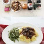 A photo collage with the ingredients to make crock pot beef tips on top and a photo of plate of crock pot beef tips, mashed potatoes and green beans below.