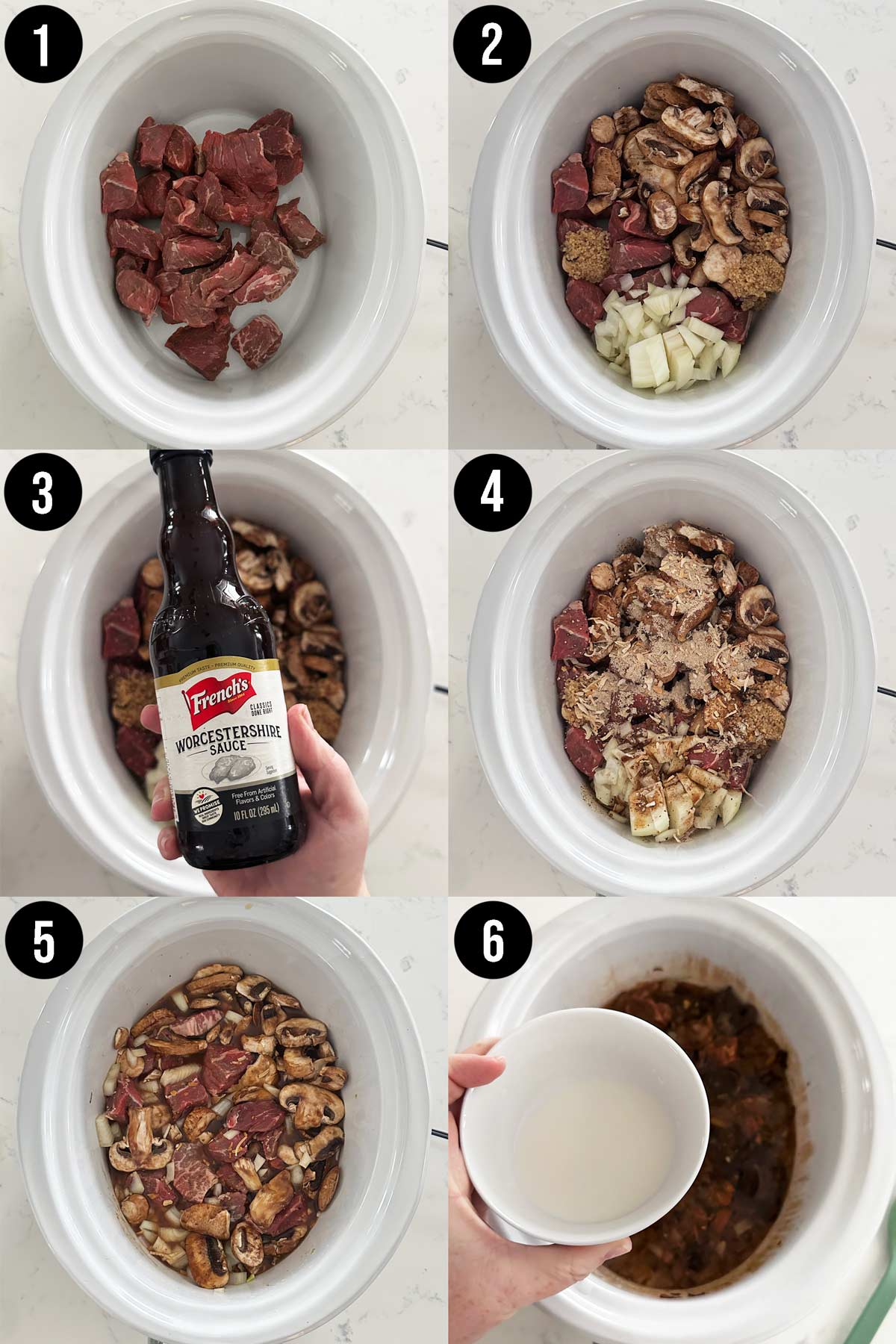 6 step photo collage showing you step by step how to make crock pot beef tips.