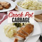 Crock pot cabbage, broccoli and cauliflower, and pork chops sit on a white plate, larger dishes of each are scattered in the background.