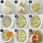 A photo collage showing you step by step how to make crock pot cabbage, 9 steps total.