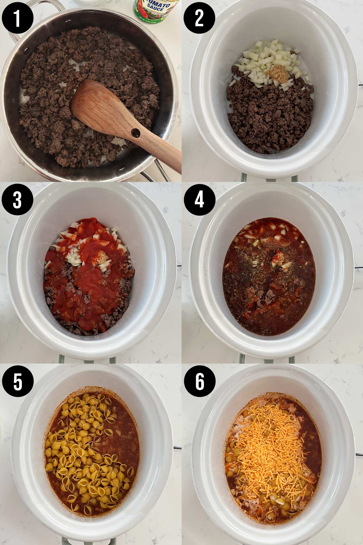 6 step photo collage showing you how to make crock pot hamburger helper.