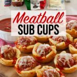 A photo collage showing a photo of meatball cups sitting on a wooden board on top of the kitchen counter, below a photo of the ingredients need to make the meatball cups.