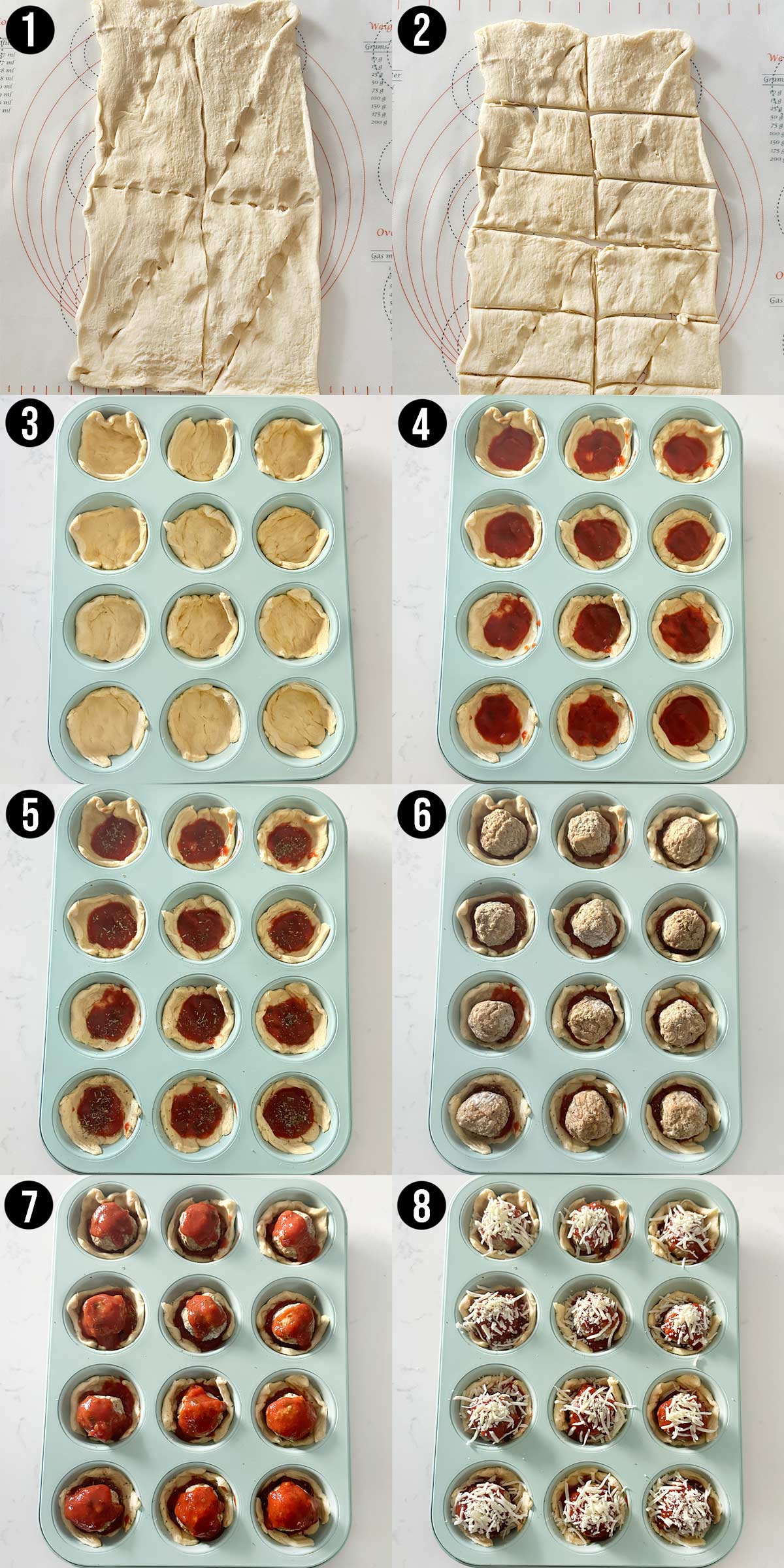 A photo collage showing you step by step how to make meatball cups, 8 steps total.