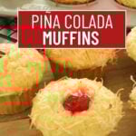 Pina colada muffins on a wooden cutting board.