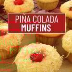 Pina colada muffins on a wooden cutting board.